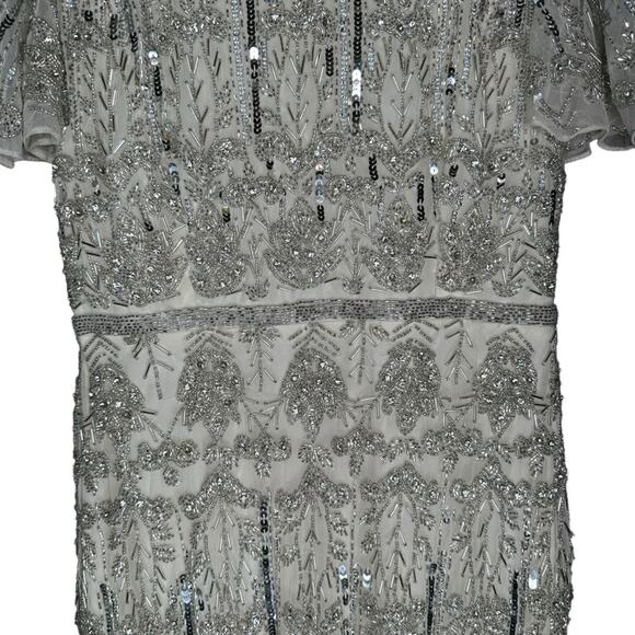 Mac Duggal Nude Silver Embellished Flutter Sleeve High Neck Dress 6 - Picture 7 of 13